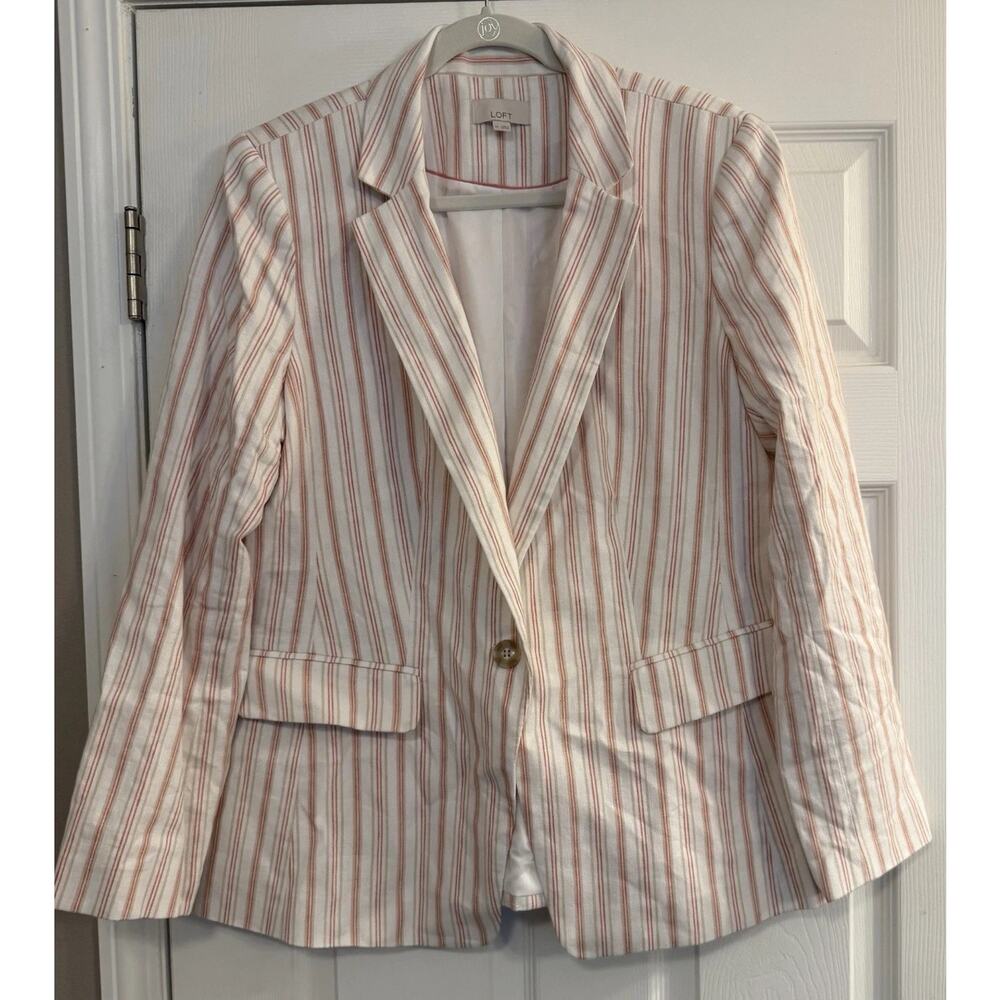 LOFT Blazer NWOT Sz 14 Linen Blend Cream Pink Stripe Spring 2023 Career Office